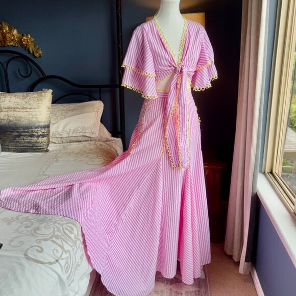 Pink and White Striped w Yellow Trim Flounce Tie Top and Maxi Skirt Set - Picture 2 of 15